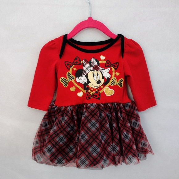 Red Minnie Mouse Dress with Plaid Skirt Baby Girl 6-9 Months - Picture 1 of 5